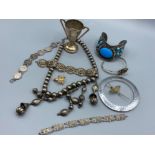 Mixed lot of White metal and filigree jewellery and a small two handled trophy cup, also includes