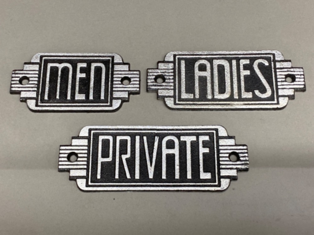 Three cast metal door signs Men, Ladies & Private