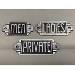 Three cast metal door signs Men, Ladies & Private