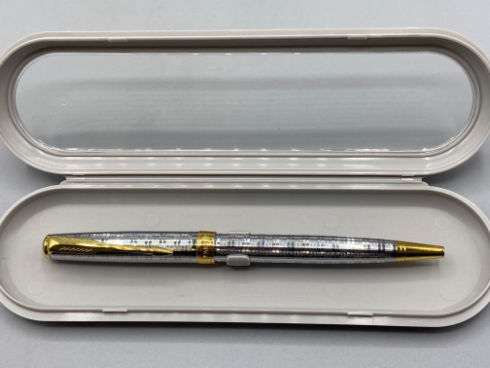 Parker Sonnet series ball point pen in brilliant silver & gilt, fine nib with case