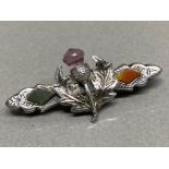 Sterling silver Scottish thistle brooch with 3x different gemstones 3.1g