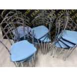 Total of 18 metal framed chairs with blue fabric seat pads