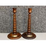 Pair of bobbin turned oak candlesticks with brass plaque - relating to HMS Lion at Jutland