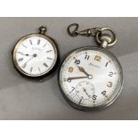 Two pocket watches one military in stainless steel case, the other continental silver (.935)