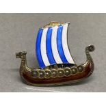 Norwegian silver & enamel Viking boat brooch