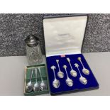 2 boxes of spoons including silver plated Charles & Diana 6 piece set, also includes cut glass sugar