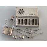 Box of 6 Florantal silver plated napkin rings, 3 x silver plated tongs, salt & pepper pot