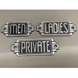 Three cast metal door signs Men, Ladies & Private