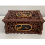 Vintage wooden hand carved sewing box with contents