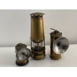 Vintage brass miners lamp & 2x car/railway lamps