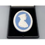 Wedgwood blue jasperware plaque commemorating Sir John William Alcock DSC 1892-1919 who flew in