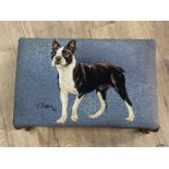 Modern Upholstered seated footstool on metal leg supports, french Bull dog design