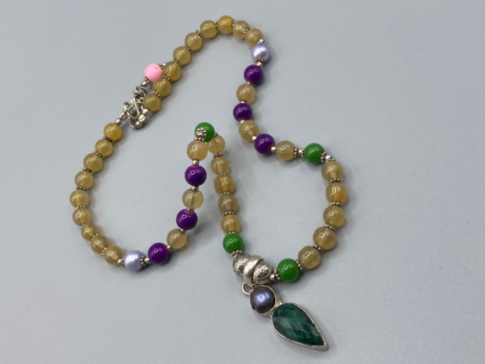 Silver Pearl & gemstone beaded necklace