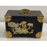 Oriental style black lacquered jewellery box with inlay & brass mounts, fired with 2 drawers