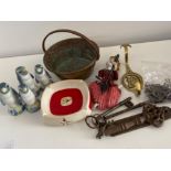 Tray lot comprising of brass jam pan, carved Oriental musician, penguin decanters & miscellaneous