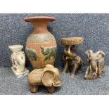 Elephant themed items to include a large vase, plant stand etc