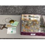 A quantity of pre decimal coins including 2 shillings and coins from around the world etc