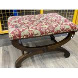 Large mahogany framed & rectangular shaped footstool - metal studded with floral patterned