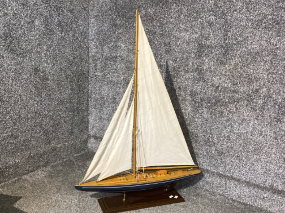 Hand made & painted wooden model yacht on stand, Height 86cm x Length 61cm