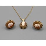 Ladies 9ct gold cameo pendant and necklace with matching cameo stud earrings