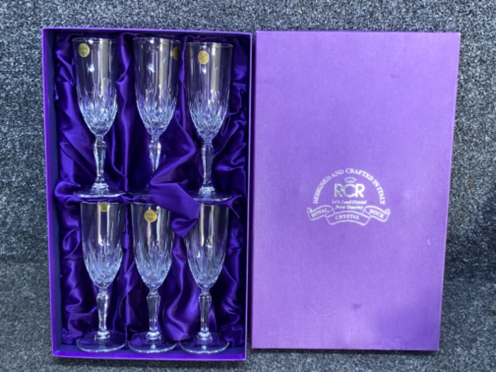 Set of 6 lead crystal glass champagne flutes by Italian designer Royal Crystal Rock (RCR) with