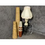 2 wicker vases, pottery floor vase, also includes table lamp with shade & glass topped nest of two