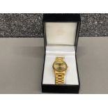 Gents gold plated stainless steel automatic 17 jewel wristwatch by Orient, day and date, with