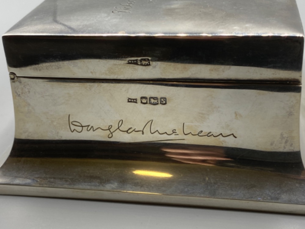 Hallmarked Sheffield Silver 1935 cigarette box by Walker & Hall, engraved - “Vickers Armstrongs ( - Image 3 of 4