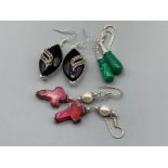 3 pairs of silver mounted earrings includes malachite, Marcasite & black stone and Pearl with pink