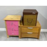 3 items to include pine 3 drawer bedside with pink front & crystal effect handles, faux leather