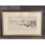 An etching by William Lionel Wyllie depicting a bustling harbour scene signed 18 x 38cm