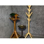 Wooden garden bird feeding table together with a plastic painted metal effect bird bath & wooden hat