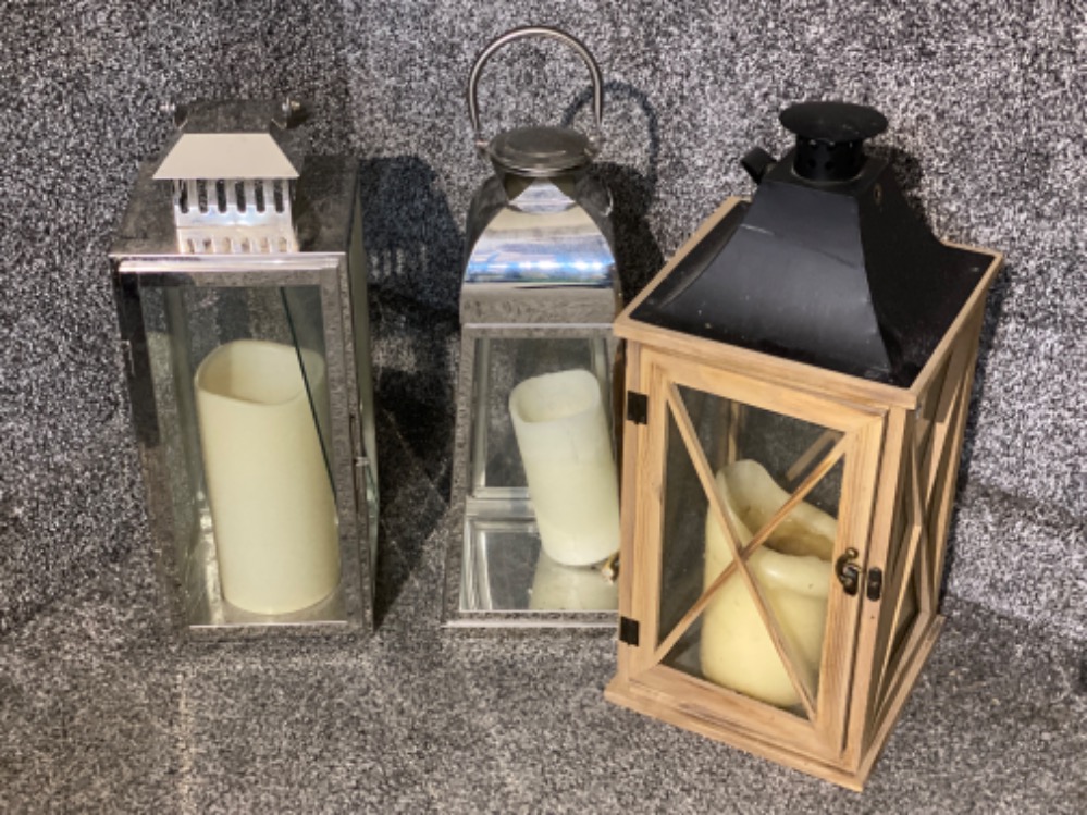 3 x modern candle lanterns - 1x wooden & 2x chrome effect framed