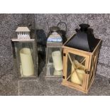 3 x modern candle lanterns - 1x wooden & 2x chrome effect framed