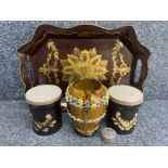 Twin handled Metal handpainted Indian tray together with two Denby bakewell lidded jars, metal