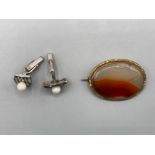 Antique gilt metal and agate brooch and a pair of silver and faux pearl cufflinks