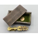Set of Antique sovereign scales in original box with test weight coin