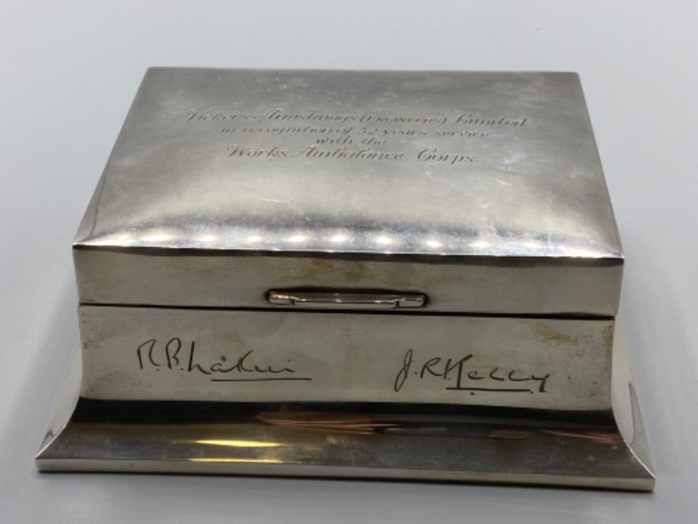 Hallmarked Sheffield Silver 1935 cigarette box by Walker & Hall, engraved - “Vickers Armstrongs (