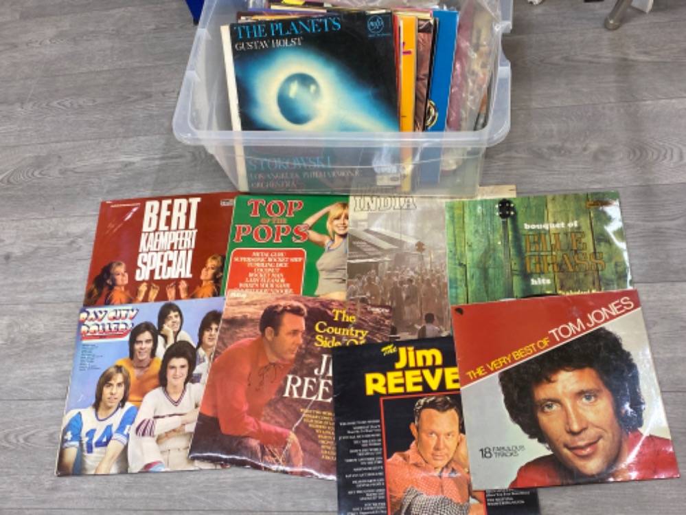 Box of mixed LP records - featuring Tom Jones & Jim Reeves