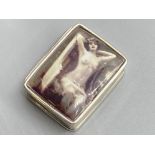 Sterling silver small pill box with semi naked lady adorned to the top