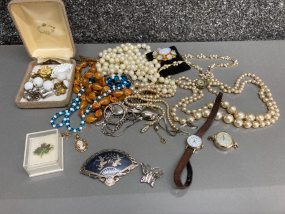 Two silver brooches, Sekonda wristwatch and other costume jewellery