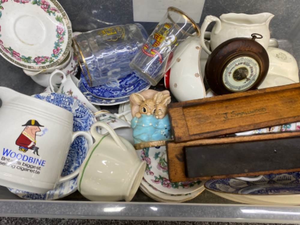 Mixed box of ceramic & glass etc also includes mahogany framed barometer, sharpening block in