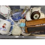 Mixed box of ceramic & glass etc also includes mahogany framed barometer, sharpening block in