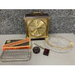 A Metamec onyx mantle clock, Rolls Razor and an ashtray