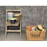 A quantity of garden pots, a folding garden chair and a Fortnum & Mason basket (SAS)