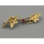 Antique Ladies 9ct leaf brooch set with red stone in centre 2g