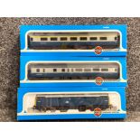 3x Airfix railway system models-1st & 2nd class Uber city coaches plus diesel locomotive, all with