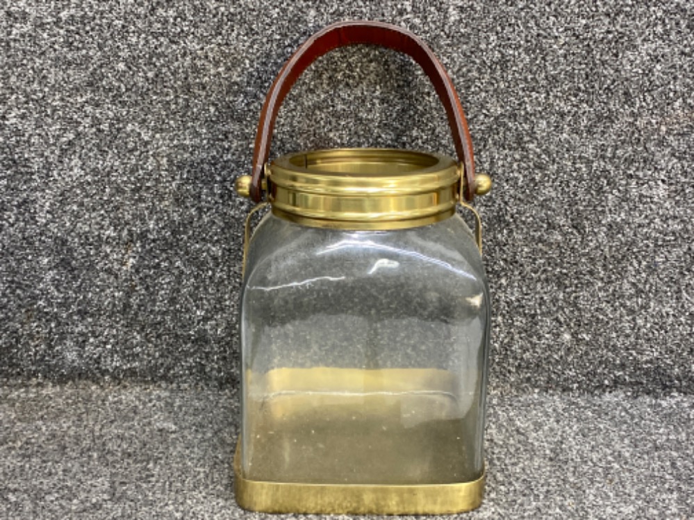 Large brass & trimmed glass lantern/jar with leather handle