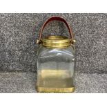 Large brass & trimmed glass lantern/jar with leather handle