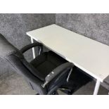 Upholstered grey fabric swivel office armchair & all white modern desk